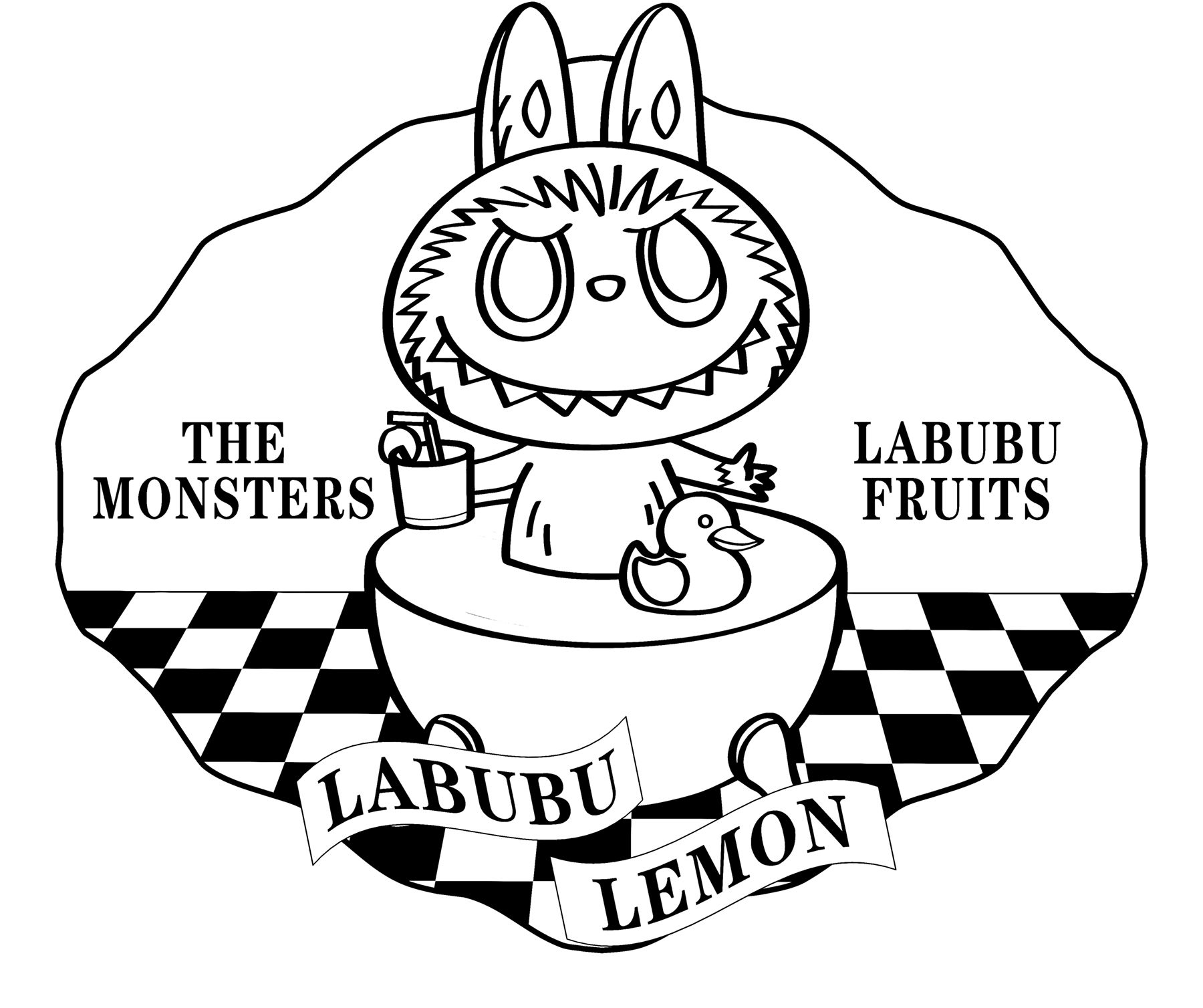 Labubu with lemon framed design, line art for coloring
